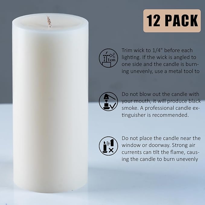 Ivory Pillar Candles – 2.8x4 Unscented Candle Set of 12 – Dripless, Smokeless, and Clean Burning Household Large Decorative Table Candles – Perfect for Weddings, Parties, Dinners