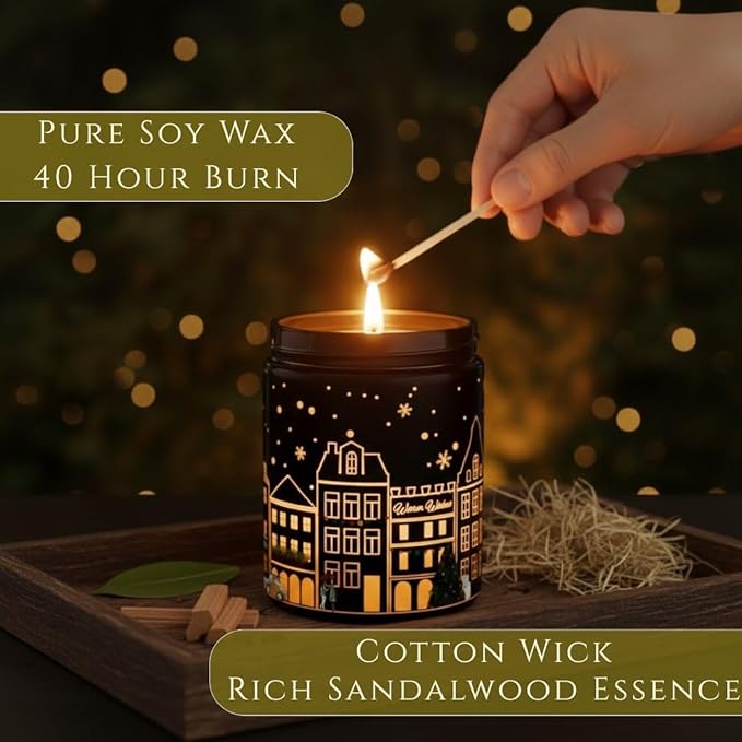 Sandalwood Scented Candle – Dual Light Glow Jar Candle (Real Flame + Heat Activated LED), Soy Wax Blend Aromatherapy Candle, 40-Hour Burn, Decorative Candle for Bedroom, Bathroom & Home Gift, 7oz