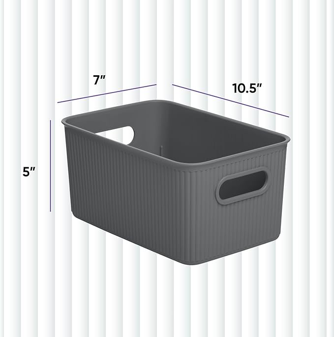 Superio Ribbed Collection - Decorative Plastic Basket Open Home Storage Bins Organizer, Medium Grey (2 Pack) Container Boxes for Organizing Closet Storage Bins for Shelves Drawer Shelf 5 Liter