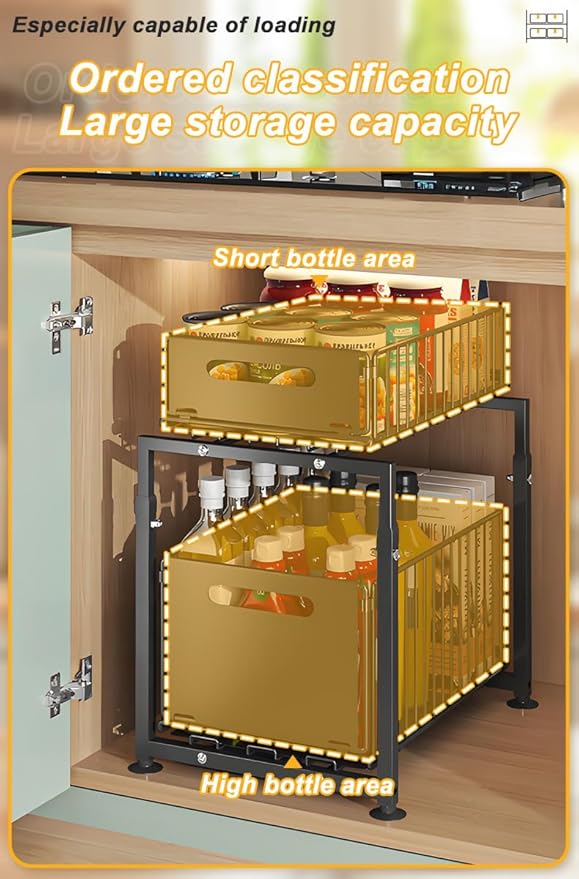 Under Sink Organizer, Pull Out Cabinet Organizer 2 Tier Slide Out Sink Shelf Cabinet Storage Shelves, Under Sink Storage for Kitchen Bathroom Cabinet, Black, 1 Pack