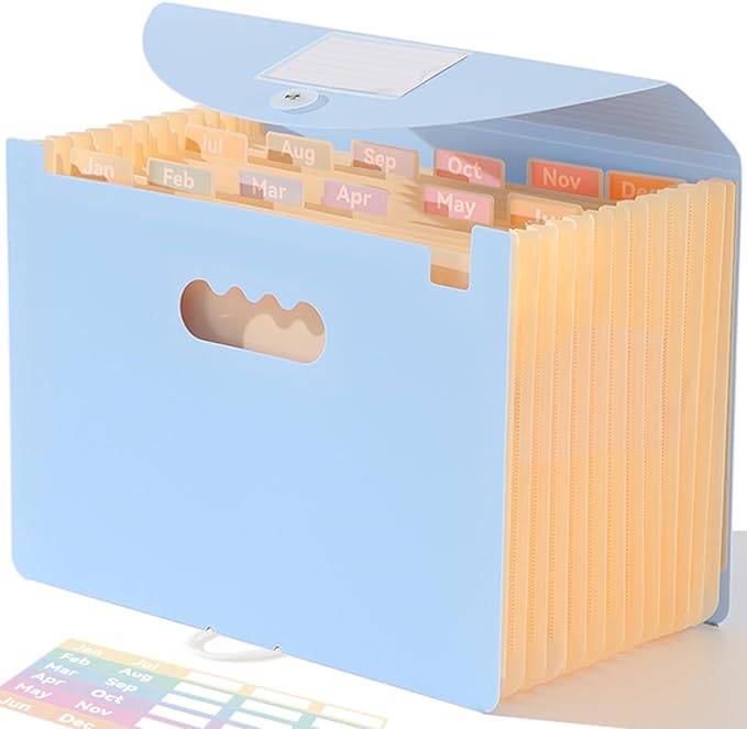 SortRax Accordion File Organizer 12 Pockets, Monthly Bill Receipt Tax Organizer, Expanding File Folders with Larger Bright Tabs, Fits Letter/A4 Size - Blue