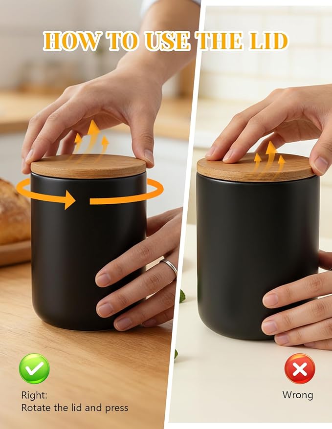 YYW Ceramics Food Storage Jar Canister with Airtight Seal Bamboo Lid, Simple Style Kitchen Canister for Food Storage, Store Coffee, Sugar, Tea, Spices (Black (8.79oz/260ml))