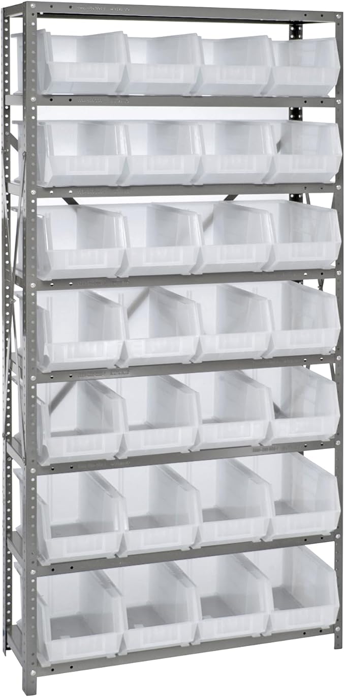 Quantum Storage Systems QSBU-239CL Giant Open Hopper Steel Shelving System, 12" D x 36" W x 75" H, with 8 Shelves and 28 QUS239 Bins, Clear