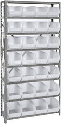 Quantum Storage Systems QSBU-239CL Giant Open Hopper Steel Shelving System, 12" D x 36" W x 75" H, with 8 Shelves and 28 QUS239 Bins, Clear