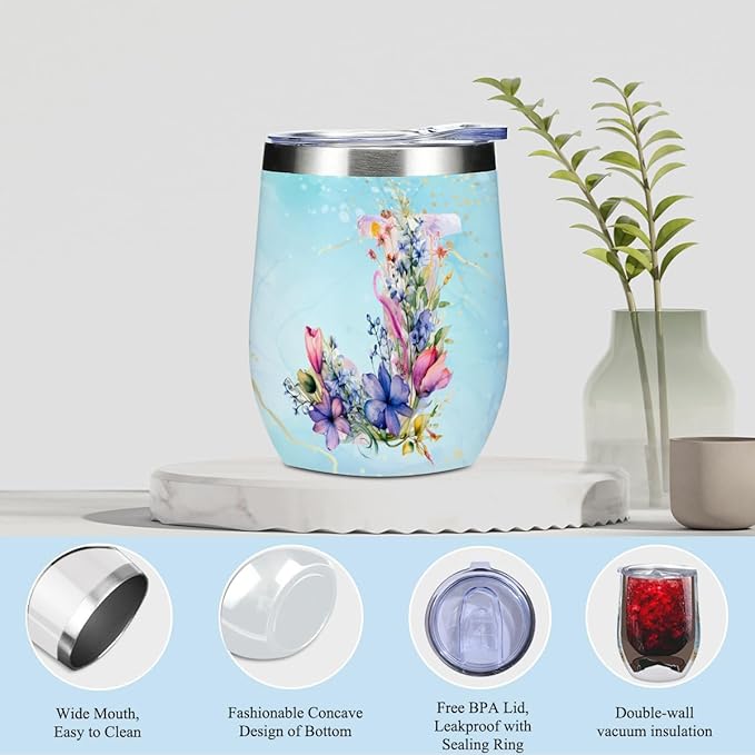 Personalized Gifts Monogrammed Birthday Gifts for Women, Maid of Honor Bachelorette Wedding Christmas Initial Wine Tumbler Makeup Bag Scented Candle Bracelet Set, (Aesthetic Blue Flower J)
