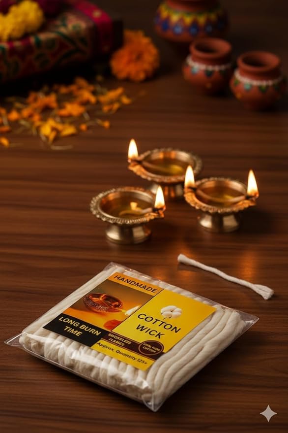 Cotton Wicks for Oil Lamps, Diya & Candles, 125 Pieces – 100% Natural Hand-Rolled Cotton, Smokeless Long-Burning Wick for Prayer, Meditation & Home Décor (Pack of 2)