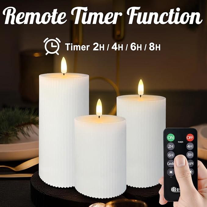 Rechargeable Flameless LED Pillar Candles–Luminous Real Wax Indoor Home Decor–Set of 3, Realistic Flickering LED Flame,Remote & Timer, USB-Rechargeable（White）