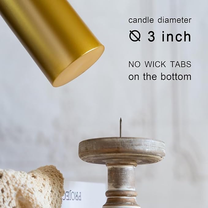 MOZEAL 3" x 6" Hand-Poured Unscented Gold Pillar Candles,Dripless Candles Set of 3,Long Lasting Burning,Approx 100 Hours Burn Time for Wedding,Dinner,Christmas and Home Decor