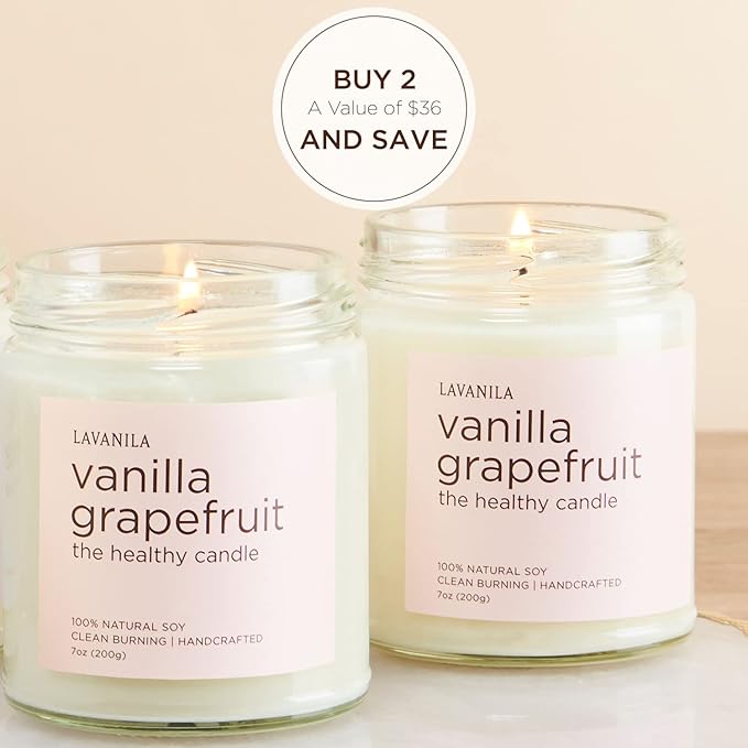 Lavanila Vanilla Grapefruit Scented Candles (Set of 2) - Natural Soy Candles, Clean Burning, Handcrafted, 7 oz Each