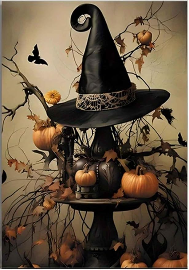 Halloween Witch Hat & Pumpkins Decor Paint by Numbers for Adults, Spooky Fall DIY Painting Kit, Gothic Wall Decor 24 Colors 16x20 inch Framed