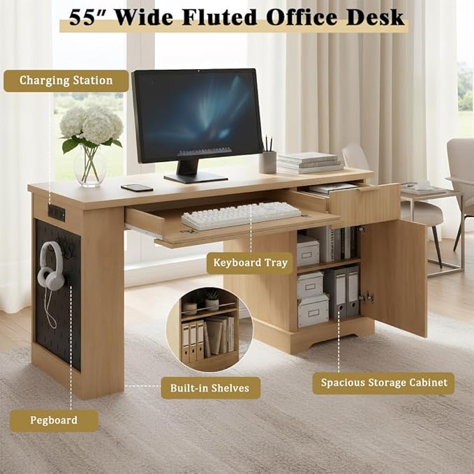 Modern Fluted Office Desk with Storage Cabinet Drawers Power Outlet Pegboard Built-in Shelves Keyboard Tray for Home Office Study Living Room (Light Oak)