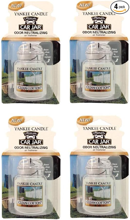 Yankee Candle Gel Car Jar Ultimate Hanging Odor Neutralizing Air Freshener, Clean Cotton Scent, 4 Packs