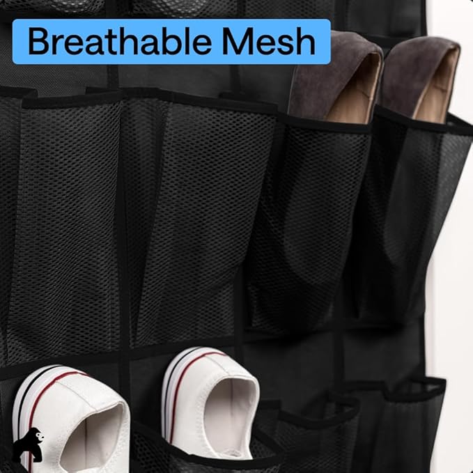 GORILLA GRIP Over the Door Shoe Organizer, 12 Large Breathable Mesh Pockets, Space Saving Hanging Storage Holder, 2 Hook Closet Rack Hanger, Hangs on Closets for Shoes, Accessories, 64H x 9.5W Black