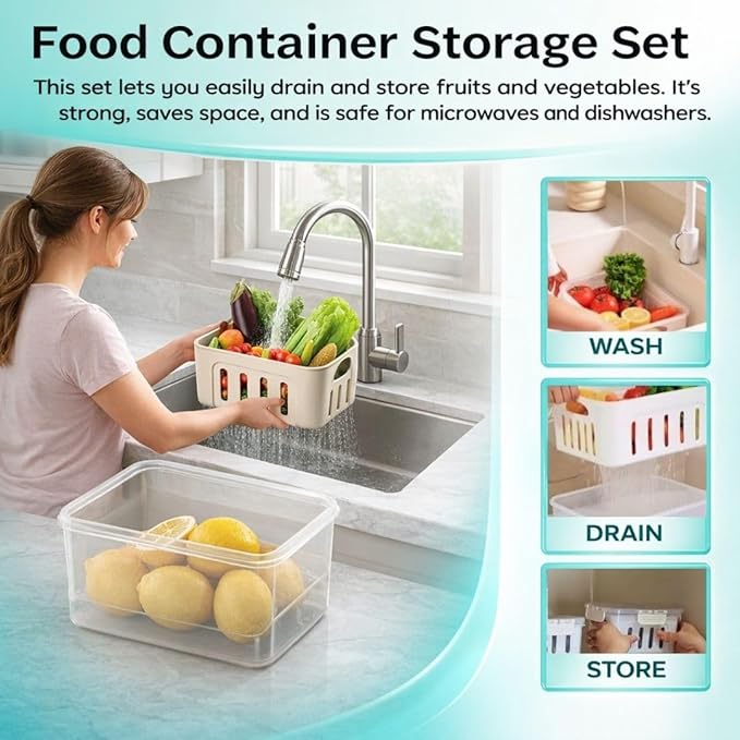 Fruit Containers for Fridge Keep Fresh, 5-Pack Food Storage Containers with Lids, Meal Prep Containers, Fridge Storage with Removable Colander, Microwave & Dishwasher Safe (White)