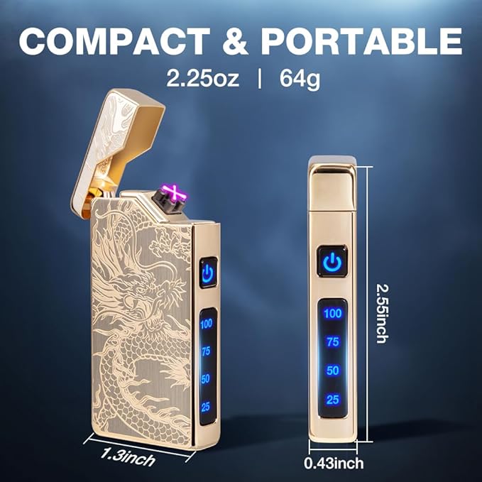LcFun Electric Lighter USB Rechargeable, Dual Arc Plasma Lighter, Windproof Flameless Lighters, Electronic Lighters with LED Battery Indication Gifts for Men Boyfriend Husband (Dragon Gold)