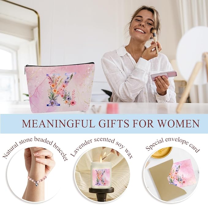 Personalized Gifts Monogrammed Birthday Gifts for Women, Soul Sister Bachelorette Party Wedding Christmas Initial Wine Tumbler Makeup Bag Scented Candle Bracelet Set, (Aesthetic Pink Flower K)