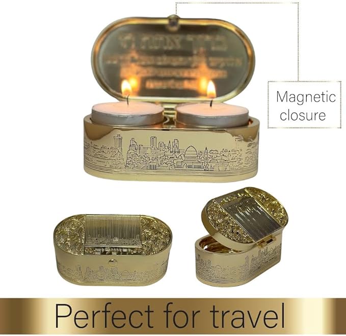 Beautiful Sabbat Travel Candle Holders for Jewish Shabbat or Holidays,A Wonderful Gift. with Astonish Gold Jerusalem Design