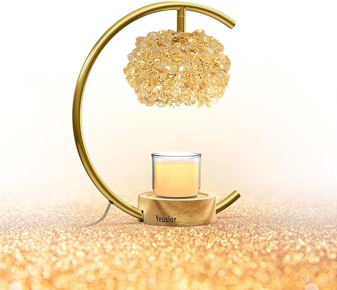 Yeuslor Gold Candle Warmer Lamp for Jar Candles with Adjustable Brightness＆Timer，Handcrafted Crystal＆Wooden Base, Luxurious Design,Home Decoration Electric Candle lamp(C-Shaped)
