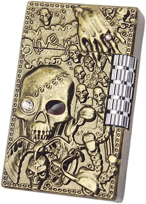 Carving Skull Antique Lighter, Vintage Cool Metal Lighters Refillable, Novelty Lighters for Men for Candles Ideas (No Butane Fuel). (Gold)