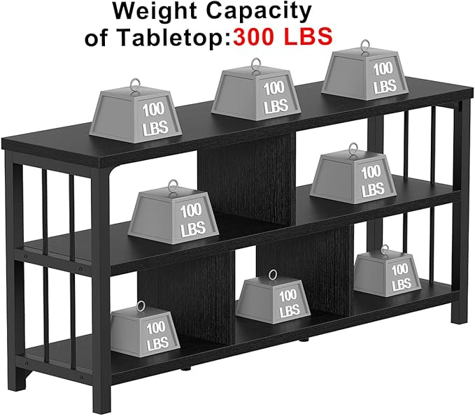 IBF 55“ Black Bookshelf, Industrial Open Horizontal Cube Book Shelf, Low Wide Home 5 Cube Storage Organizer Long Shelf for Bedroom, Wood and Metal Cubby Bookcase for Living Room, Black Oak, 55 inch