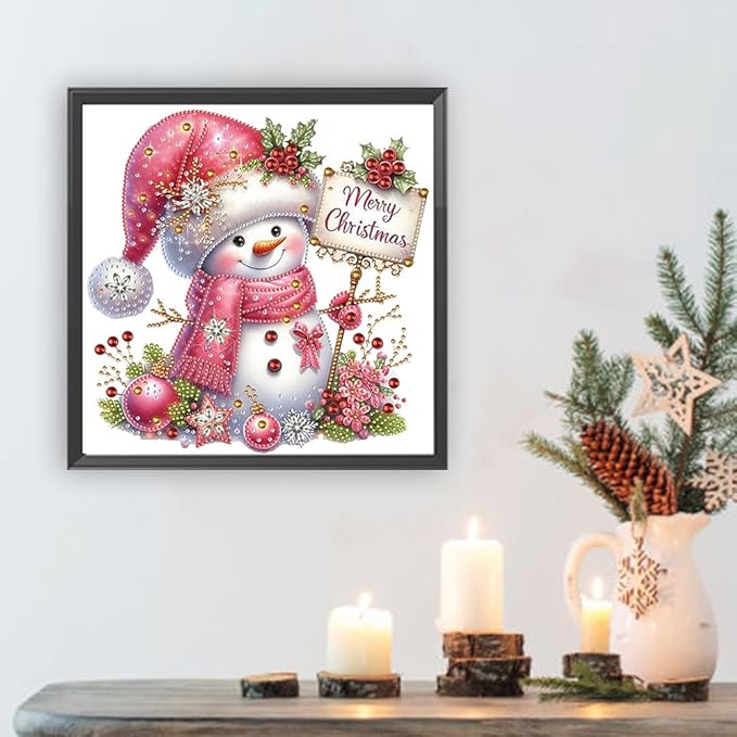 Pink Snowman 5D Special Shape Diamond Art Kits for Beginners, Christmas Winter Theme Diamonds Painting Kits for Adults,DIY Crystal Rhinestones Diamond Paintings for Home Wall Decor 12×12Inch