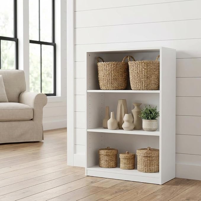 Furnifact White 3-Shelf Bookcase with Spacious Shelves, Durable Material, Modern Design, Ideal for Living Room, Office, or Bedroom Storage