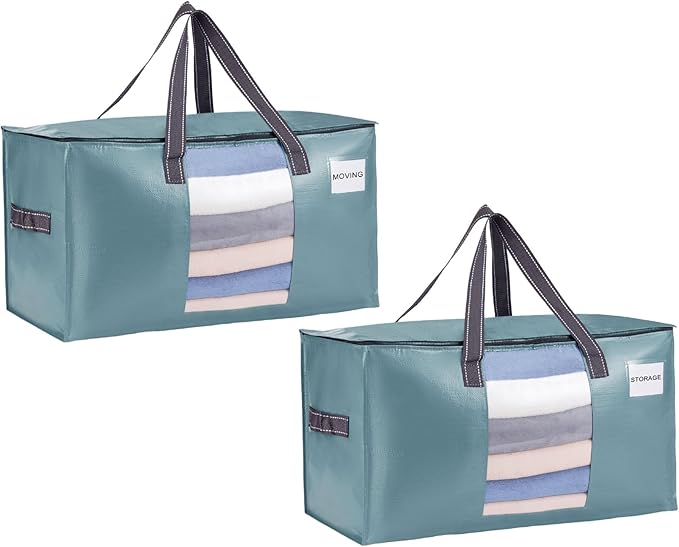 VENO 2 Pack Heavy Duty Moving Bags, Clothes and Comforter Storage Bags with Clear Window, College Dorm Essentials Packing Supplies, Foldable Boxes Alternative (Shiny Light Blue, 2 Pack)