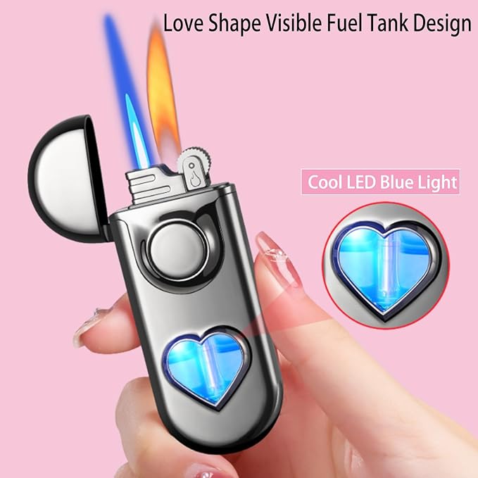 Torch Dual Flame Lighter with 6pcs Flint Stone, Windproof with Visible Gas Window, Adjustable Soft and Jet Flame, Refillable Butane Lighter for Outdoor Indoor - Blue