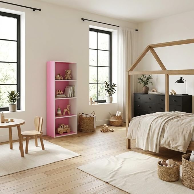 Furnifact Pink White Bookcase with Elegant Wooden Design, Spacious Shelves, Durable Wood Material, and Modern Home Office or Living Room Storage