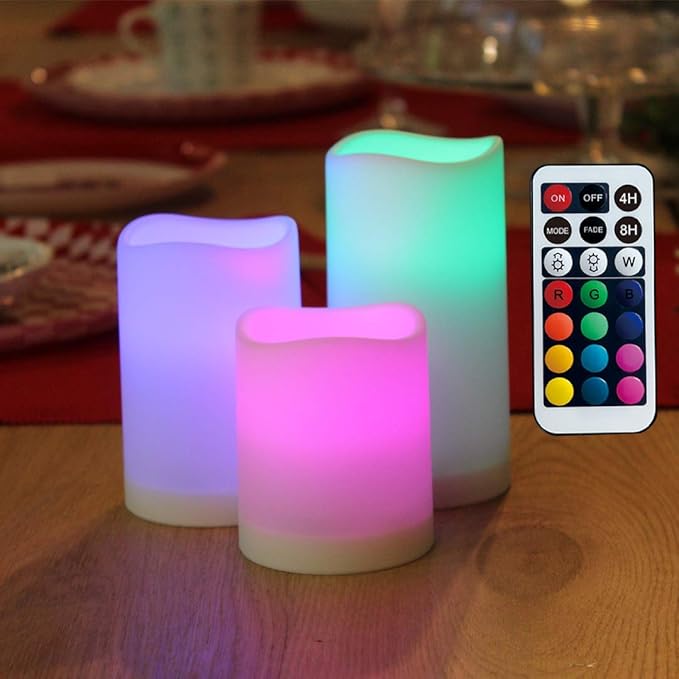 WRalwaysLX 3pack USB Type-C Rechargeable Color-Changing LED Pillar Candles with Remote Control, Dia2.5, H3 4" 5" for Bedroom, Living Room...