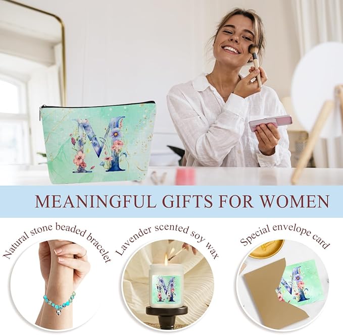 Personalized Gifts Monogrammed Birthday Gifts for Women, Her, Teacher Mother in Law Wedding Christmas Initial Wine Tumbler Makeup Bag Scented Candle Bracelet Set, (Aesthetic Green Flower M)