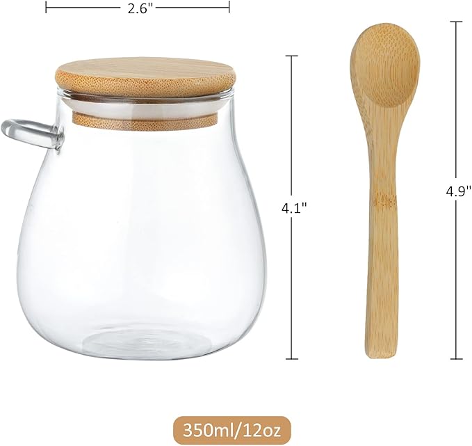 Joeyan Glass Jar with Airtight Bamboo Lid and Spoon Attached, 12 oz Salt Sugar Spice Seasoning Container, Clear Condiment Pot, Glass Food Storage Canister for Kitchen Countertop Pantry