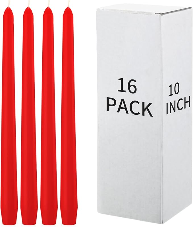 MTLEE 16 Pcs 10 Inch Long Tapered Candle Stick Bulk Smokeless Unscented Burning Candlestick Paraffin Wax with Cotton Wick for Valentine's Day Baby Shower Wedding Holiday Party Church (Red)