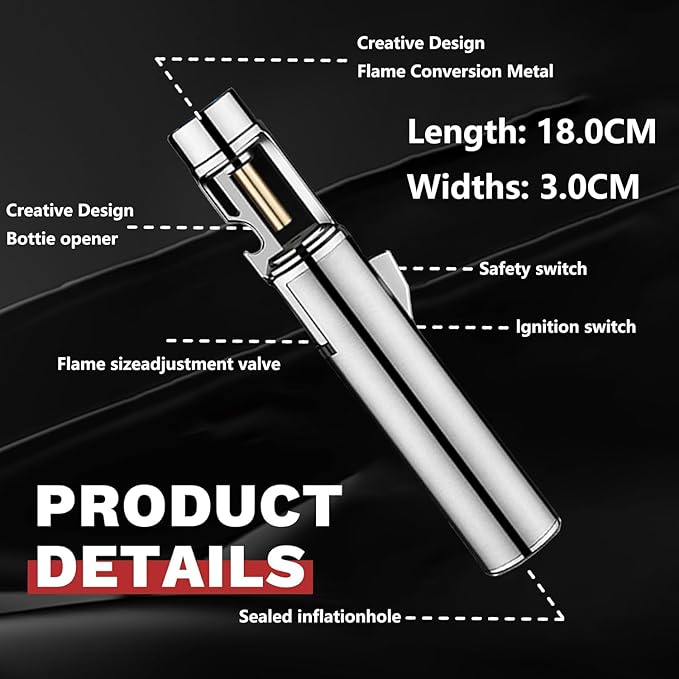 Torch Lighter, Butane Refillable Multifunction Straight Flame Bright Lighter Windproof Adjustable Color with Safety Lock Jet Lightsaber Flame for Outdoor, Campfires, BBQ, Candles, Camping