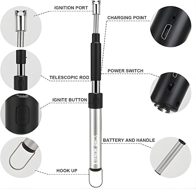 V2 Extendable 2.5 Feet. Arc Extra Long Lighter, Flameless Fireplace Stove Electric Candle Lighter, Long Neck for Pilot Light, Grilling, Firepit, Kitchen, BBQ (Black)