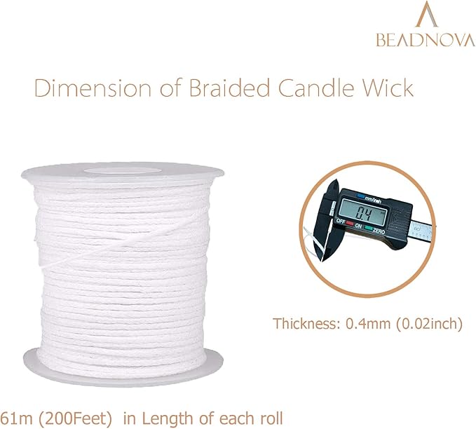 BEADNOVA Braided Candle Wick Spool 200 ft Cotton Roll Core Braided Wick for Candle Making and DIY (61m/67yard/200 Foot)