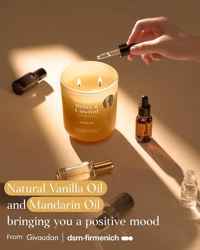 M&SENSE Mandarin Vanilla Candle for Home Scented, 14.1oz Non Toxic 80-Hour Long-Lasting Natural Soy Wax Highly Citrus Scent Aromatherapy Candle for Relaxing Stress Relief & Housewarming