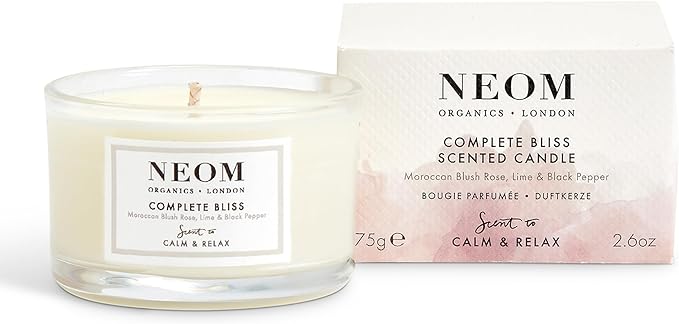 NEOM- Complete Bliss Scented Candle, Travel Size | Blush Rose, Lime & Black Pepper | Essential Oil Aromatherapy Candle | Scent to De-Stress