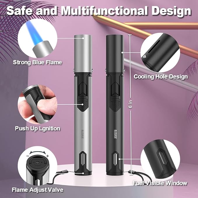 2 Pack Butane Lighter, Torch with Fuel Level Window, Adjustable Fire Jet Lighter for Fireplace, Windproof Pen for Candle Kitchen BBQ, Fluid not Included, Black & Sliver