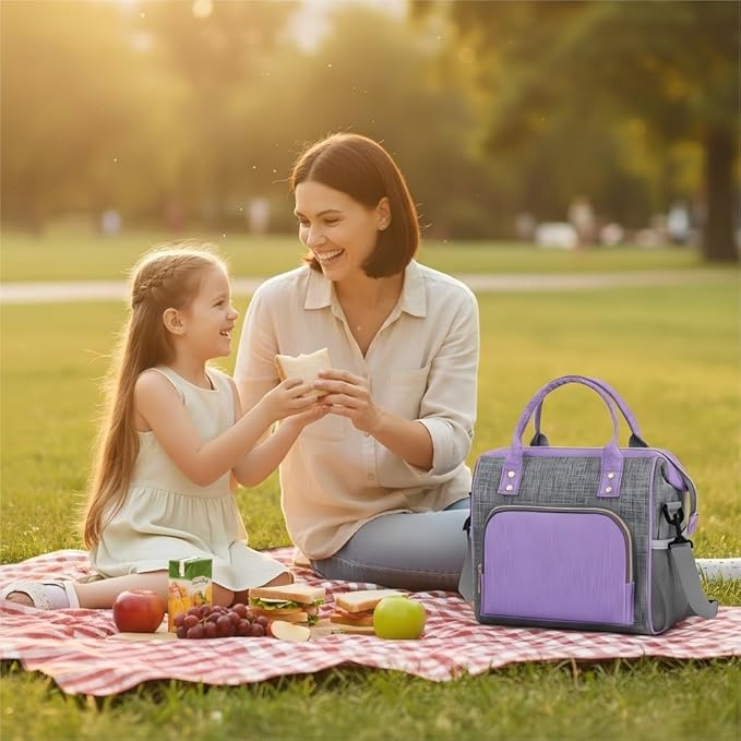 IDEATECH Insulated Lunch Bag Women, Stylish Adult Lunch Box for Working Mom, Leakproof Large Cooler Tote with Adjustable Strap & Pockets for Office Picnic Travel (Purple)