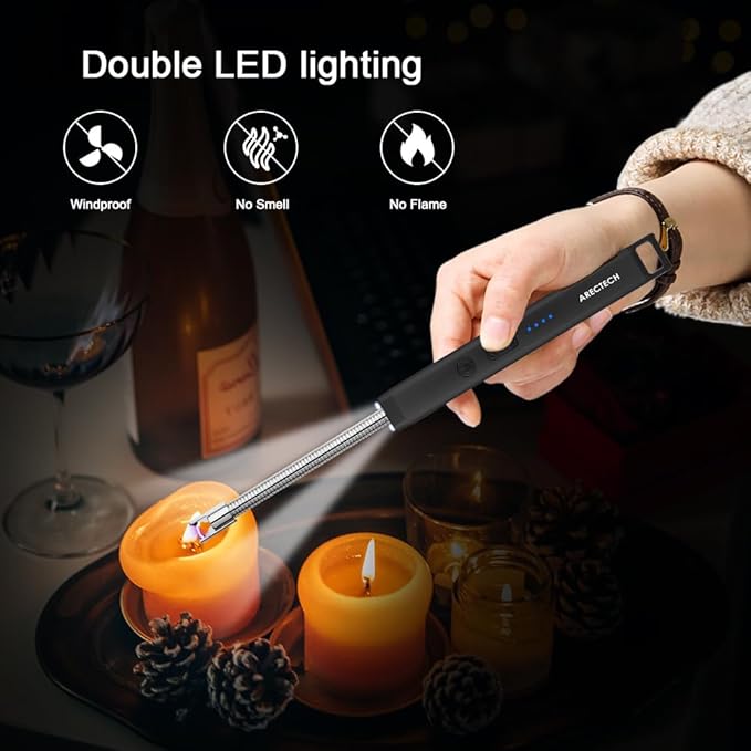 ARECTECH Candle Electric Lighter Rechargeable USB Arc Lighters for Candle Camping Fireworks Christmas Birthday Gifts with LED Light for Men Women Black