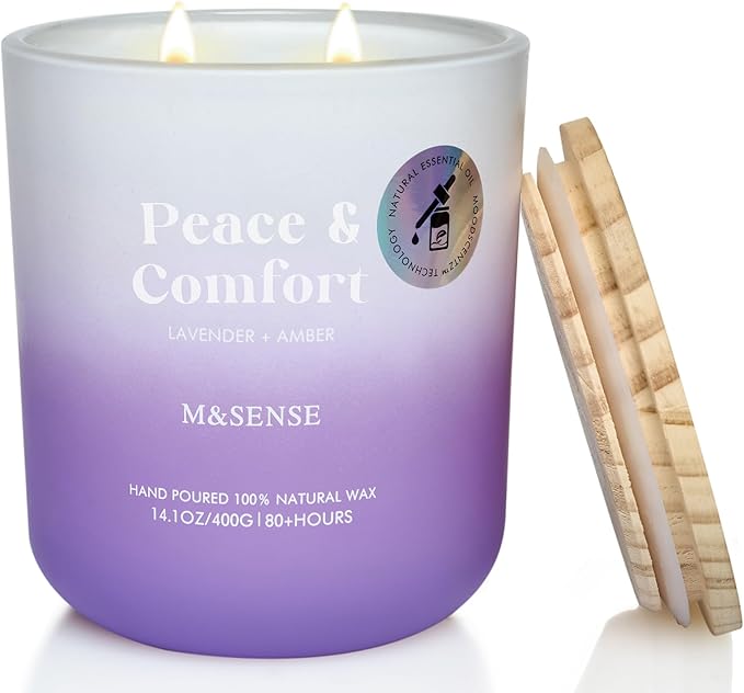 M&SENSE Lavender Amber Candle for Home Scented, 14.1oz Non Toxic 80 Hours Long Lasting Natural Soy Wax Aromatherapy Candle for Spiritual Healing & Stress Relief Gifts for Spa Yoga Meditation