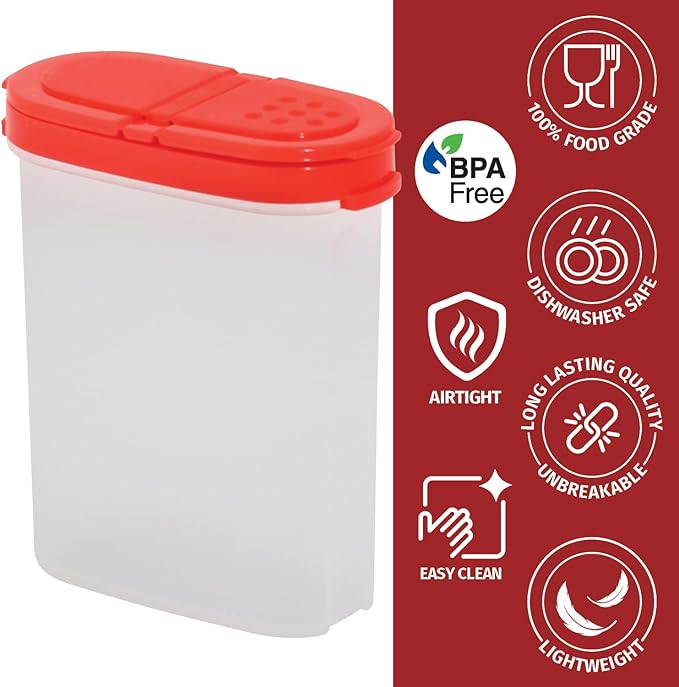 SIGNORA WARE Spice Jars with Lids -8 and 4 oz Refillable Empty Airtight Spice/Seasoning Containers Set -2 in 1 Pour/Sift Shaker Lids Clear Plastic Spice/Seasoning Organizer Kitchen/Travel 8 pk.Red