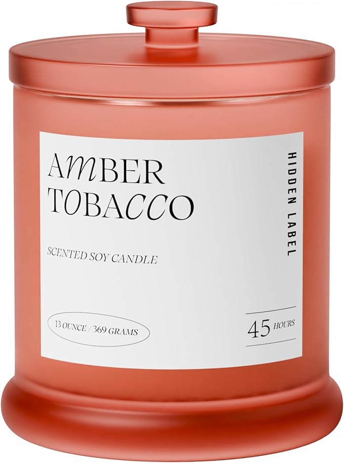Hidden Label Amber Tobacco Scented Candle, 2 Wick Large Candles for Home Scented, 13oz Natural Soy Wax, 75Hours Long Lasting Slow Burning, Aromatherapy Candle with Reusable Glass Jar
