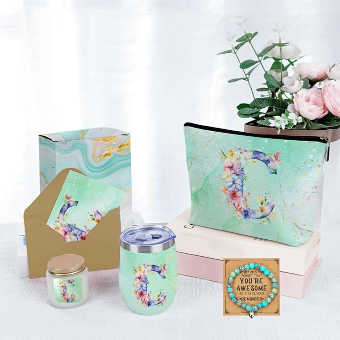 Personalized Gifts Monogrammed Birthday Gifts for Women, Cowerker Bride Wife Sister Wedding Christmas Initial Wine Tumbler Makeup Bag Scented Candle Bracelet Set, (Aesthetic Green Flower C)