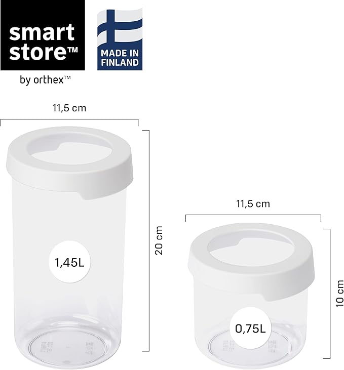 SmartStore Round Clear Dry Food Containers with Lids Starter Set of 6-20% Bio-based Plastic Storage Box with Lid, BPA Free, Dishwasher Safe - Kitchen Storage Containers 4x 0.75L, 2x 1.45L