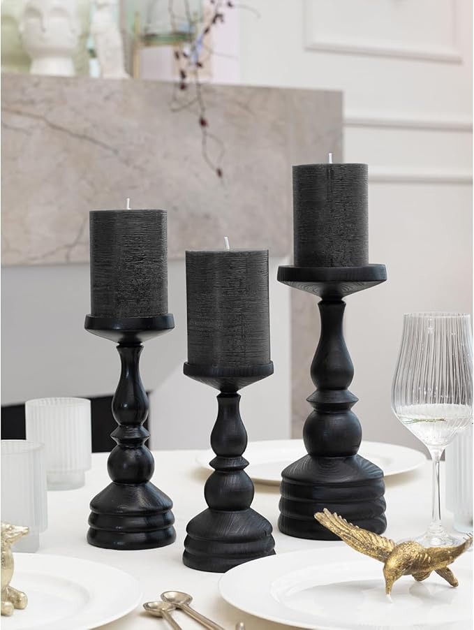 CANDWAX 3x4 inch Pillar Candles Set of 3 – Unscented Dripless Rustic Black Candles for Halloween Decor, Parties, Indoor Styling