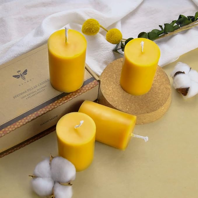 DEYBBY Natural Beeswax Pillar Candle 2x3 inch Set of 4, Dripless Smokeless Pure Beeswax Candle with Natural Scent for Prayer Home Relaxation,80 Hours Burning in Total,Yellow Raw