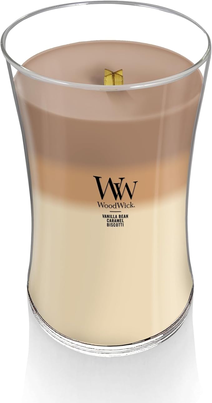WoodWick Café Sweets Trilogy Holiday Candle Gifts for Women and Men, 21.5 oz Large Hourglass Trilogy Candle with Crackling Wick