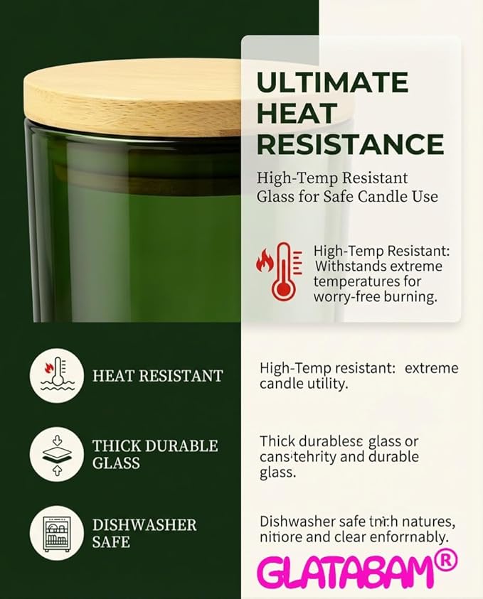 GLATABAM 7 OZ Candle Jars 12 Pack - Bulk Glass Candle Making Jars with Bamboo Lids & Labels, Heat Resistant Empty Reusable Candle Vessel for Containers(Green)